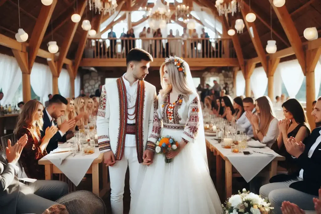 Mladenci ispred etno svadbene sale ukrašene rustičnim dekorom